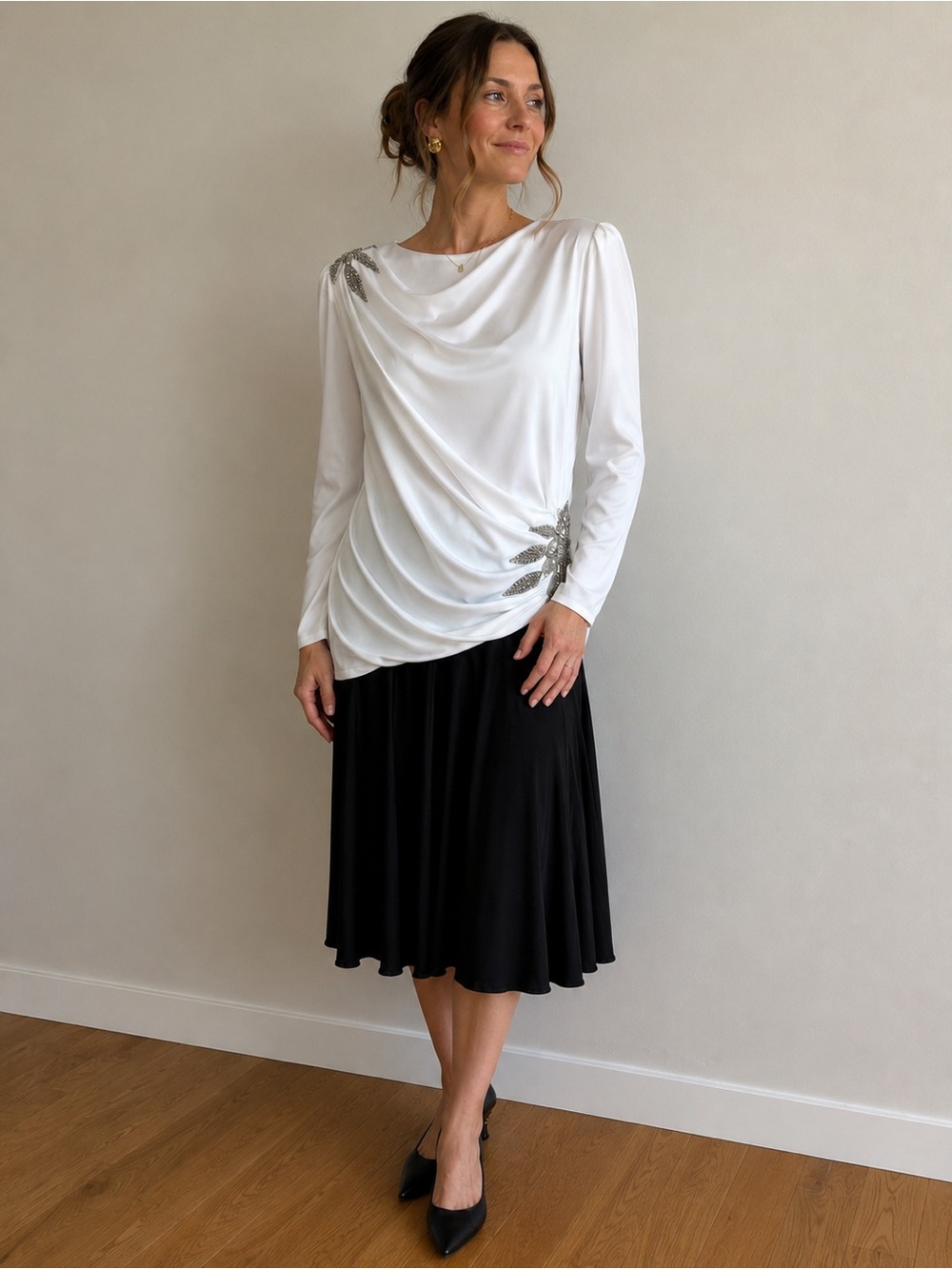 Vintage 80s Abby Kent White Ruched Beaded Formal Dress Size 14